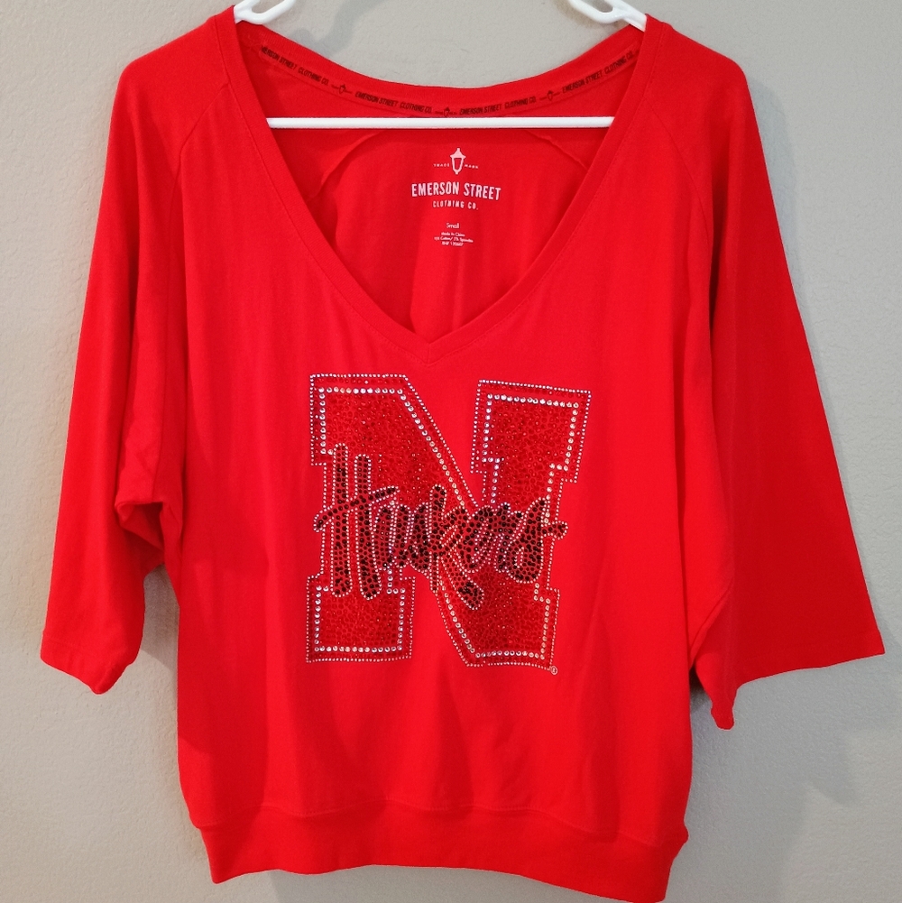 Emerson Street Clothing Nebraska Huskers Red White Rhinestone T Shirt Top S